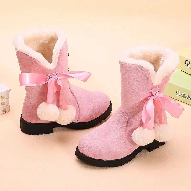 100% Cotton Linen Cotton Linen Cotton Linen for Girls Princess Medium Big Kids Snow Boots Warm Fur Bowtie with Hairball Cute Sweet Plush Suede Boots X