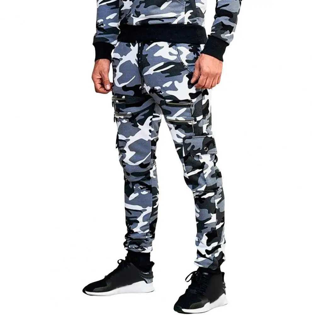 Summer Men Cargo Pants Camouflage Print Multi Zippered Pockets Drawstring Elastic Waist Ankle-banded Slim Outdoor Pants X250812
