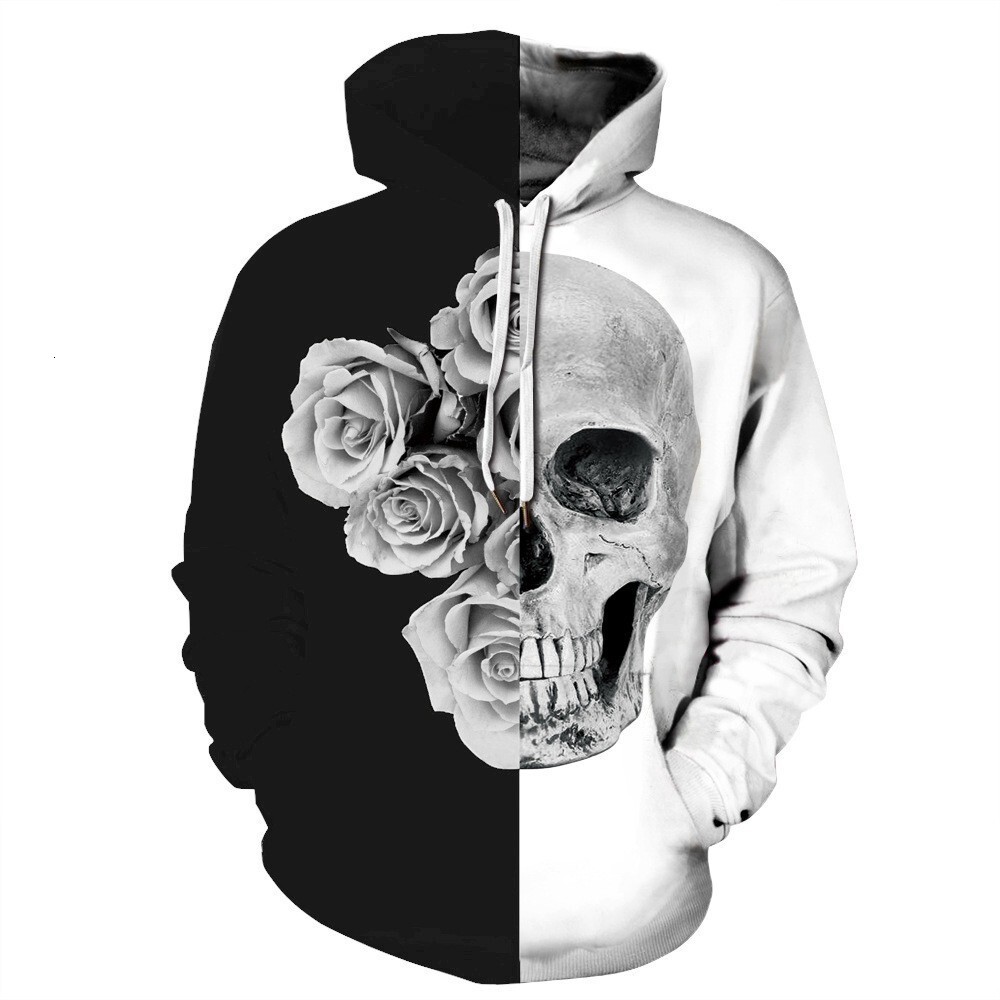 New Printed Black Cat Animal Skull Top Long Sleeve Couple Outfit Loose Hooded Sweatshirt Unisex Style