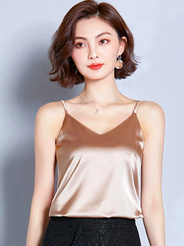2025 Summer Sexy Satin Silk Tank Tops Female Strap Basic Spaghetti Top Sleeveless Camisole Camis Vest Green Red 250804