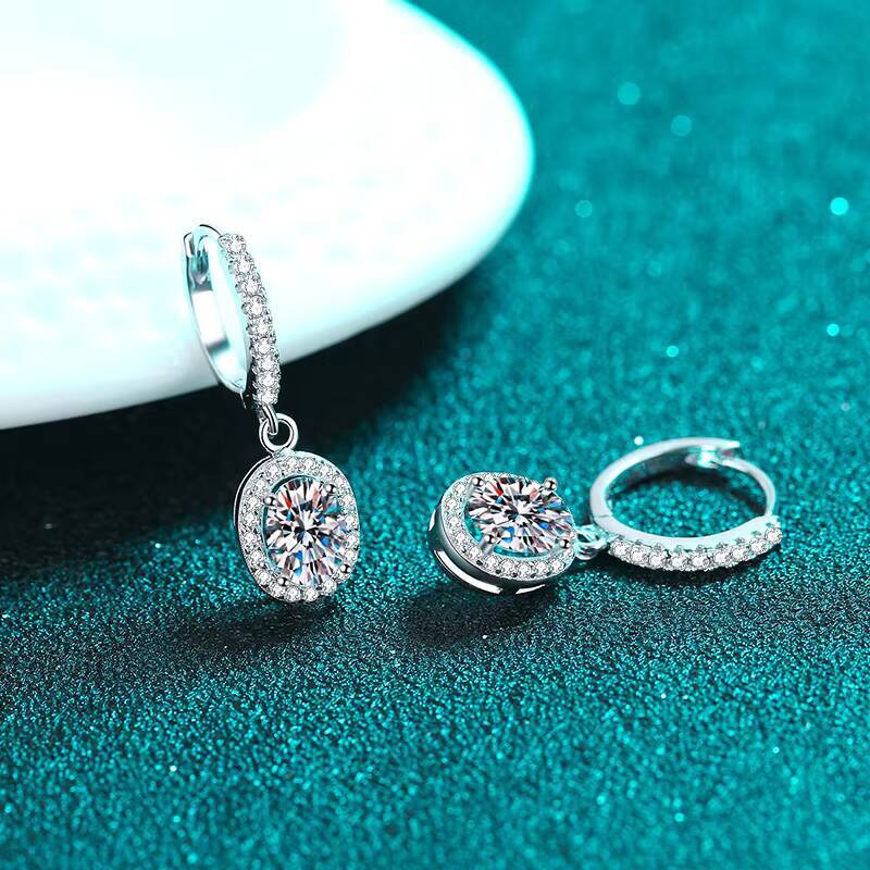 925 Sterling Silver Womens Luxury Stud Earrings Oval Bag Moissanite with PT950 Gold Rhodium Plated