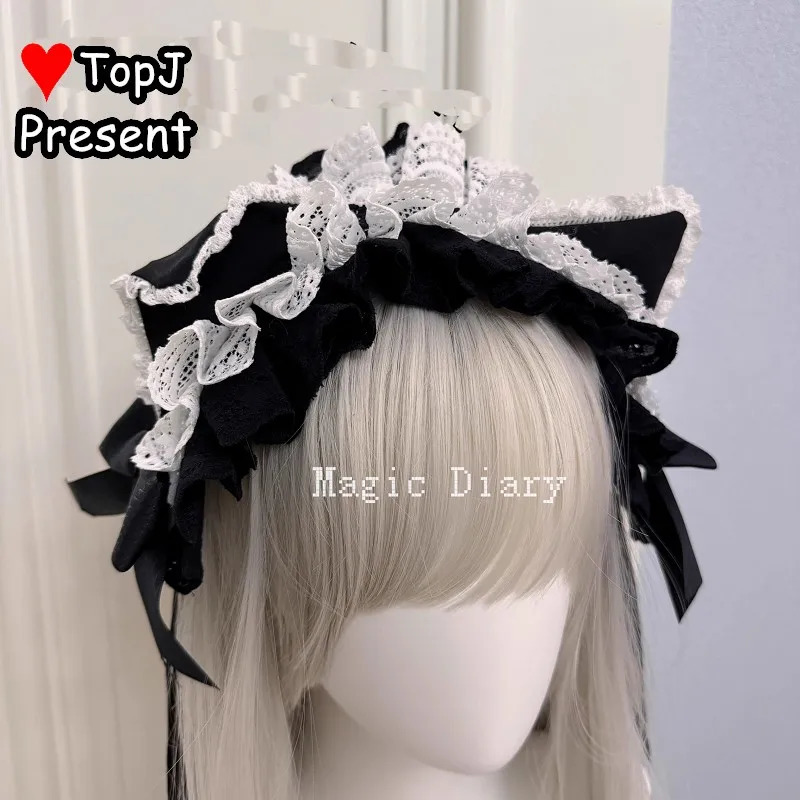 lovely Japanese handmade girl Harajuku Gothic Lolita cosplay sweet Lolita subculture angel lace flounce Kitty ear headband 250805