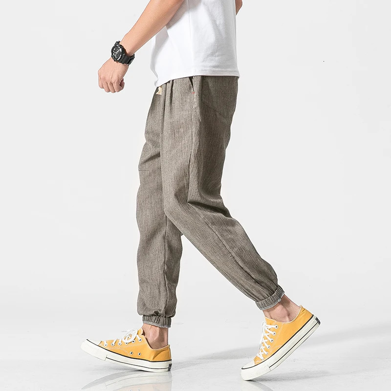Summer Men Cotton Linen Casual Harem Pants Mens Solid Color Jogger Male Chinese Style Harajuku Elastic Waist Trousers Man 250729