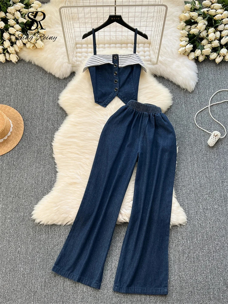 SINGREINY Chic Denim Sets Strap Sleeveless Stripe CamisBasics Wide Legs Pants Fashion Streetwear Vacation Style Vintage Suits 250806