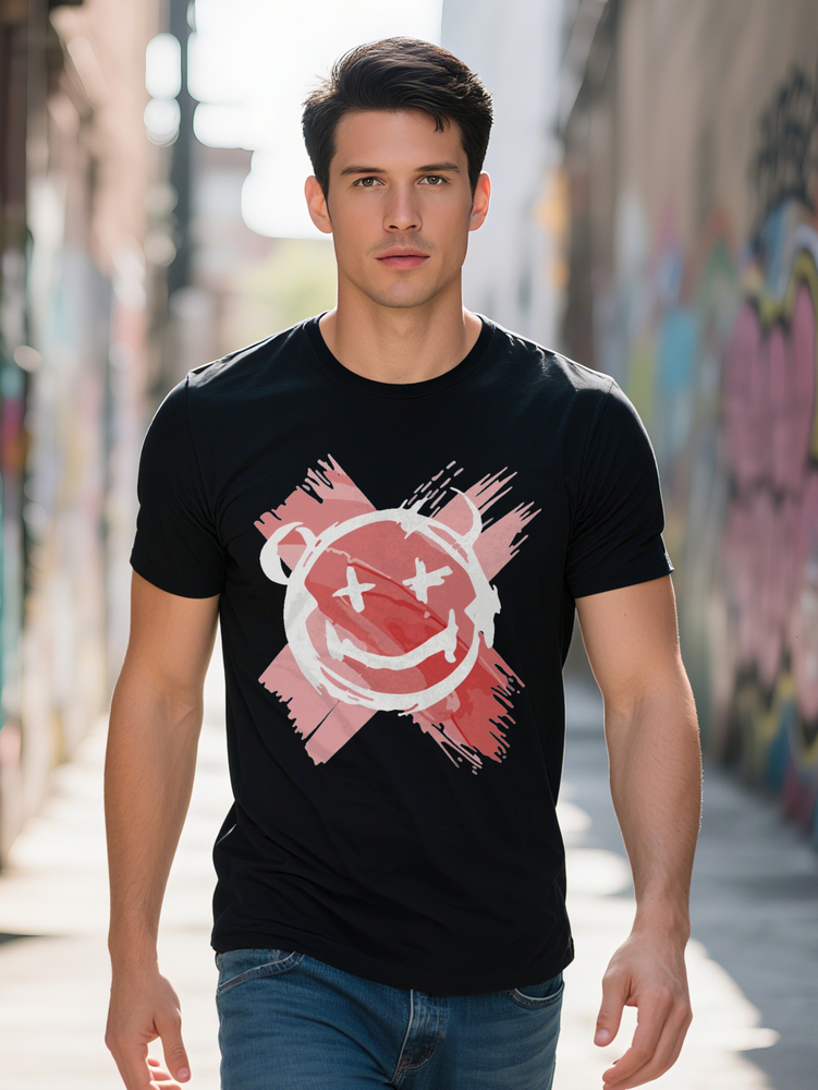 Men S Casual Versatile Crew Neck T-Shirt with Abstract Face Print Breathable Fabric Regular Fit Summer Fashion Top