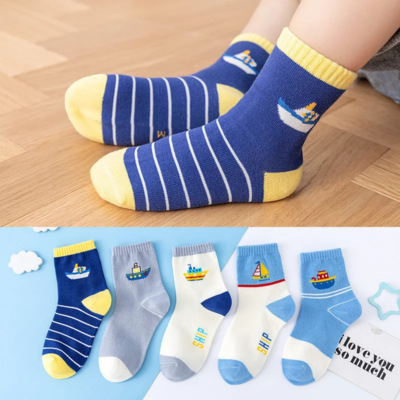 5 Pairs Of Autumn And Winter Childrens Socks Striped Sailboat Boys 4 to 8 Year Old girls socks ruffle 250812