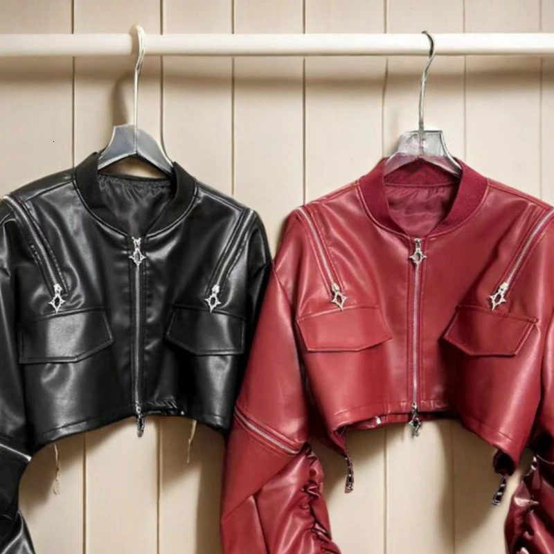 Y2k Aesthetic PU Leather Jacket Womens Streetwear Pleated Grunge Solid Jackets Loose Harajuku Zipper Female Punk Crop Coat 250811