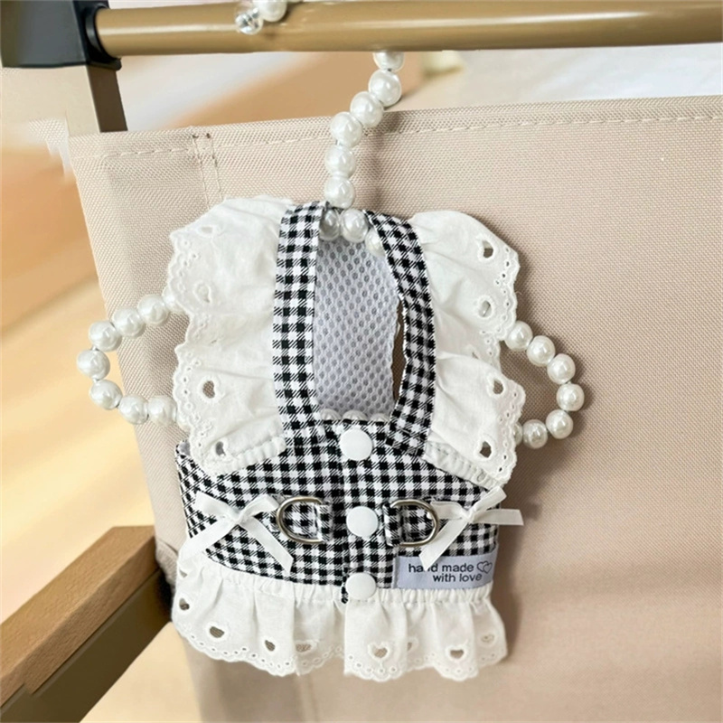 Pet Dog Clothes Lace Skirt Pastoral Style Black Plaid Harness Puppy Dresses Universal Harness Tractionable Retro Princess Dress