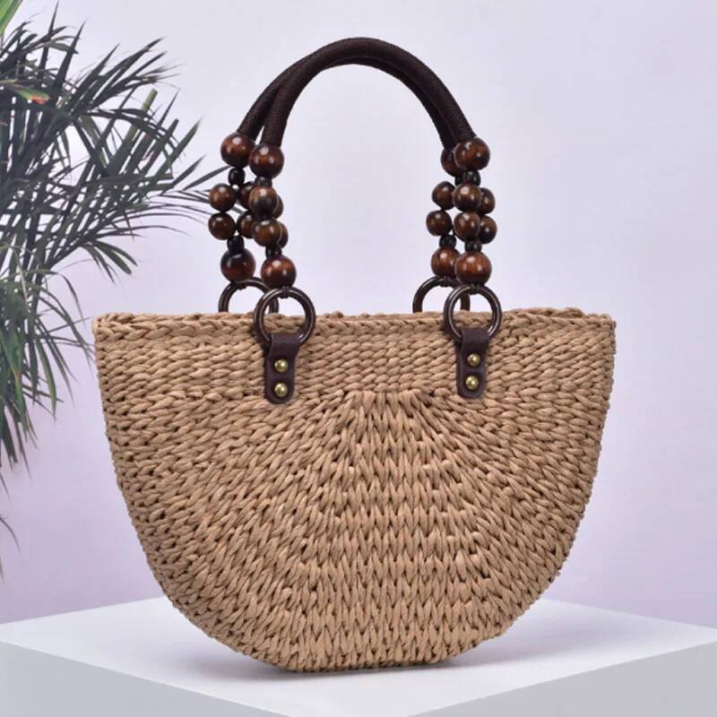 New Handmade Grass Woven with Wooden Bead Handle Half Round Beach Style Tote Bag Women Handbag high-quality