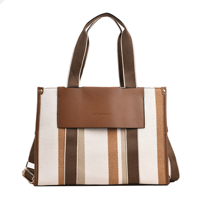 Canvas Summer New Color-Block Striped Shoulder Casual Commuter Large Capacity Crossbody Tote Bag