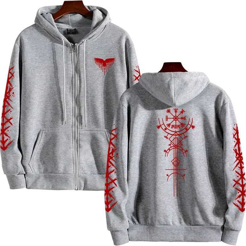 Viking Raven Print Hoodie Men 2025 Winter Zipper Sweatshirt Casual Sporty Pullover Hooded Coat Y2k CloTHes Y250811