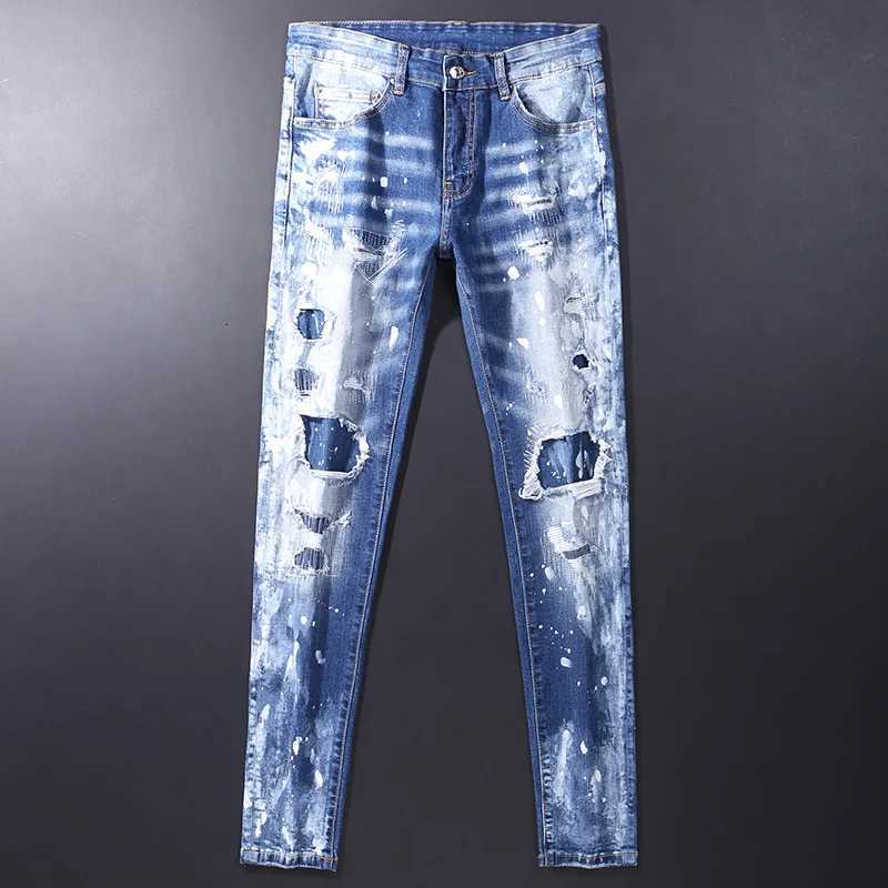 Street fashion mens jeans retro blue elastic slim fit retro elastic slim fit jeans mens patchwork designer hip-hop brand denim X250812
