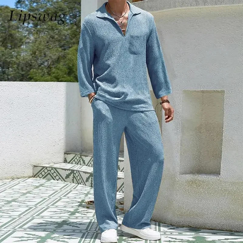 Daily Casual Mens Long Sleeve Two Piece Sets Fall Fashion Solid Color Texture Loose Polo Shirt And Pants Suits Men Outfits 250811