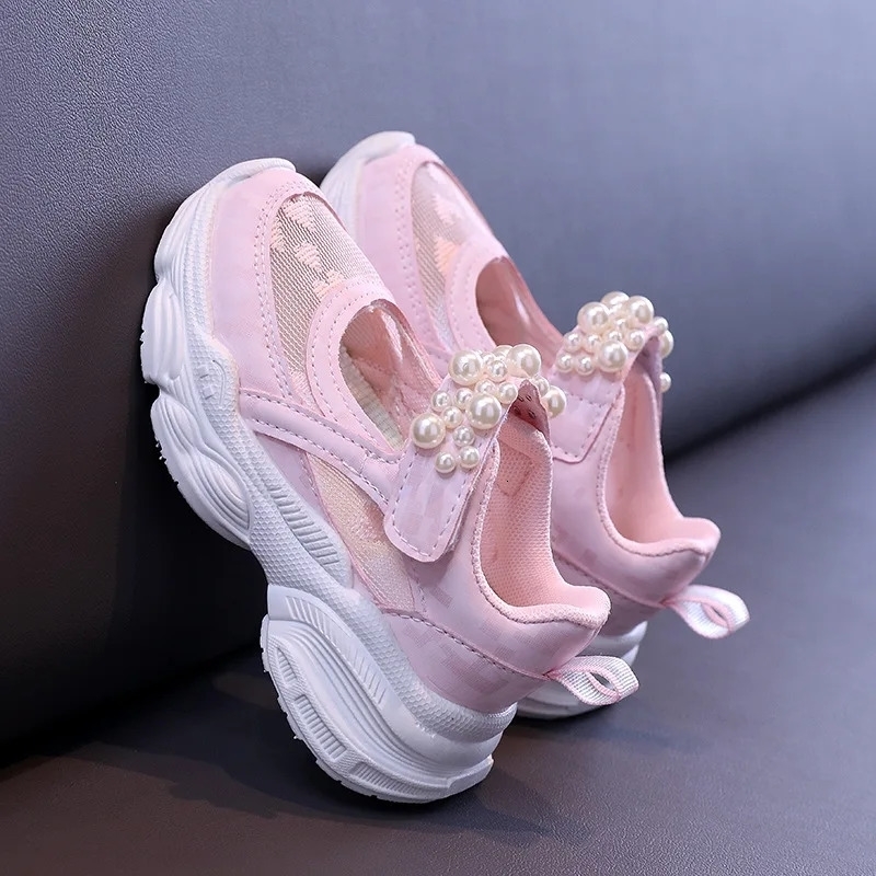 Summer Girls Tennis Shoes Mesh Hollowed Solid Color Pearl Sports Kids Princess Sneakers Cute Heart w250725