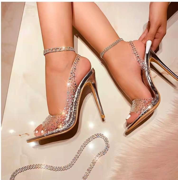 Designer Plus shoe Size Rhinestone High Heel Open Sandals for Women Designer Pointed Back Strap Crystal Peep Toe Fashion Shoes