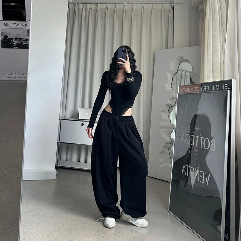 Solid Basic Sweat Pants Women Simple Y2K All Match Loose Wide Leg Stripes Trousers Vintage Oversize Streetwear Sports Bottoms 250811