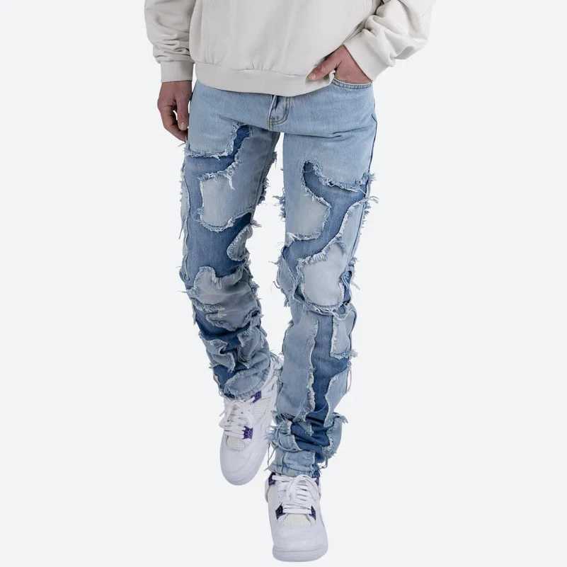 High Street Style Patchwork Frayed Jeans Pants for Men Retro Washed Hole Ripped Casual Loose Denim Trousers Oversized X250812