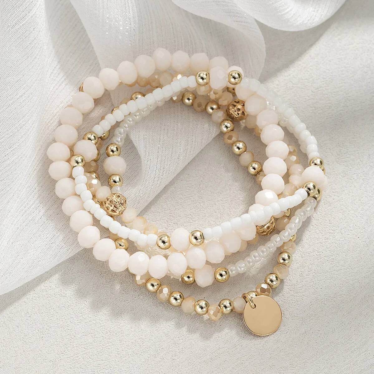 5Pcs Fashion Resin Beaded Bracelet Set For Women Round Piece Charm Elastic Bead Chain Bangle Wrist Strap Female Vacation Jewelry