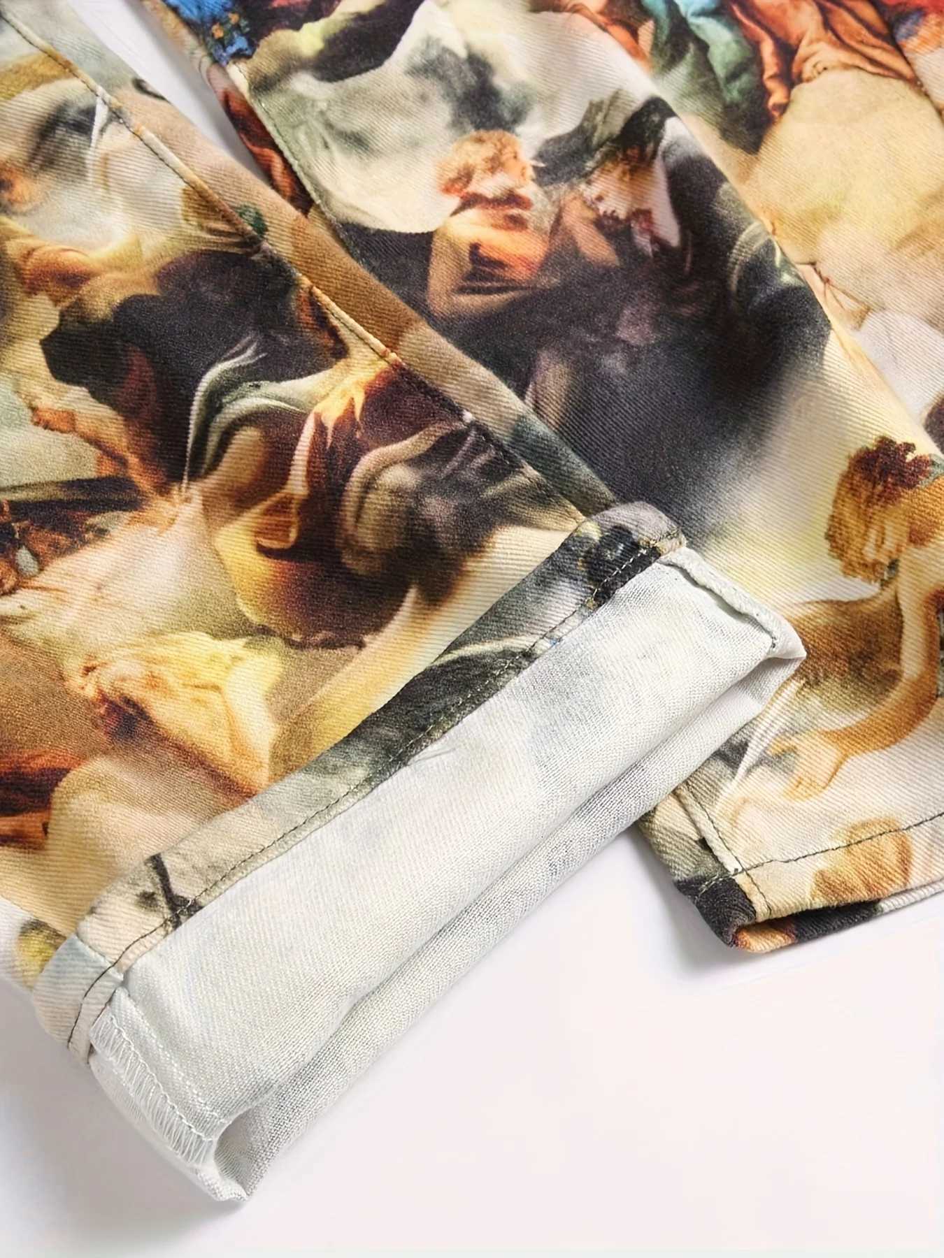 Mens Creative Oil Painting Printed Jeans European Retro Denim Straight Leg Pants X250812