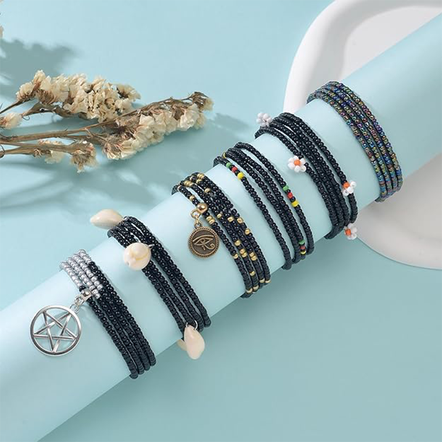 8Pcs 31.5 Inches African Waist Bead Chain Elastic Belly Beads Butterfly Shell Layered Body Chain Black Tone Jewelry Accessories for Women