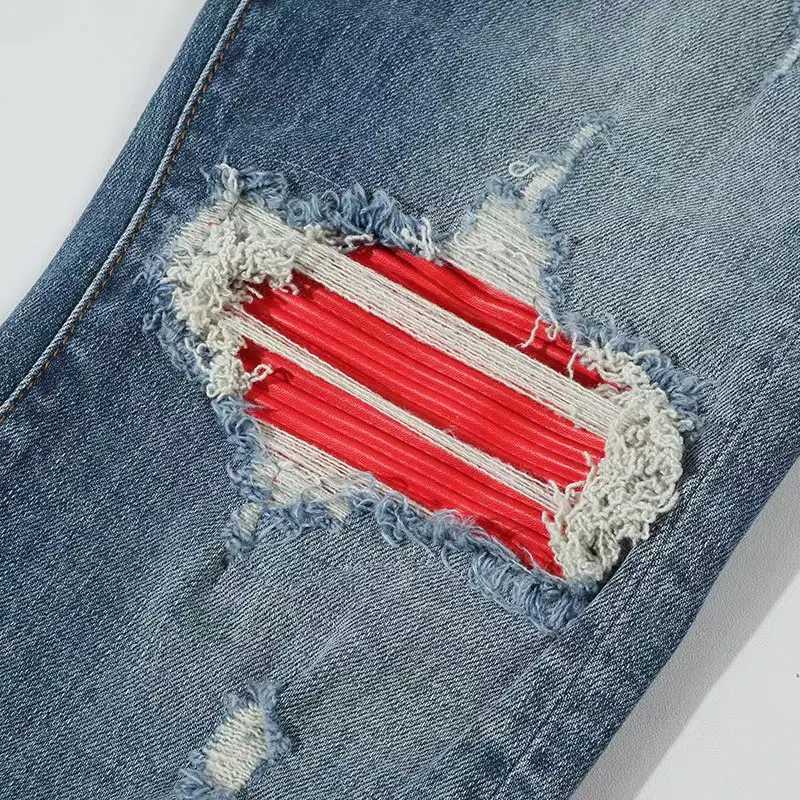 Street Fashion Men Jeans Retro Blue Stretch Skinny Fit Ripped Jeans Men Red Leather Patched Designer Hip Hop Brand Denim Pants X250812