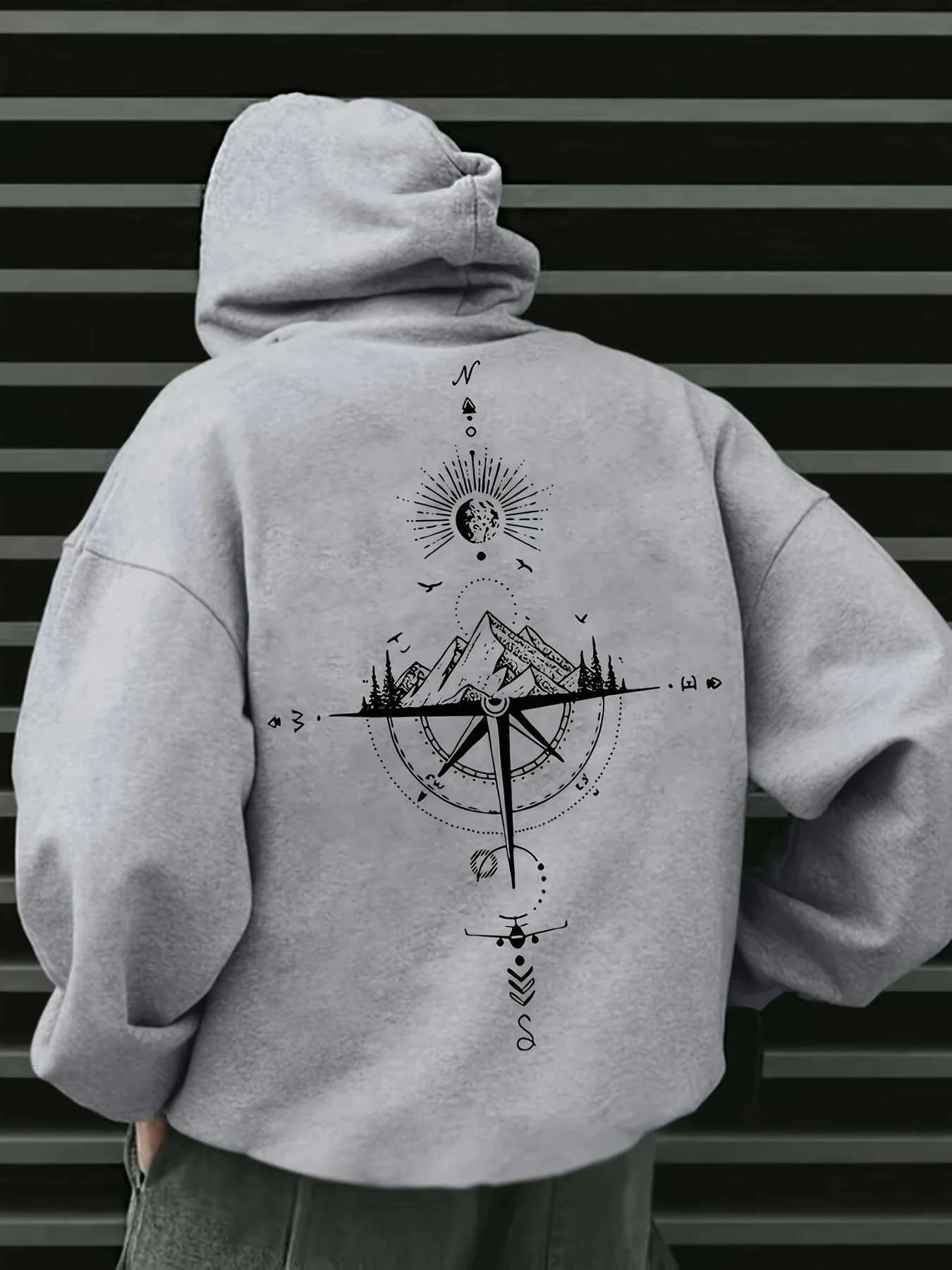 Mens Autumn and Winter Starry Sky Printed Hooded and Fleece Sweatshirt Versatile Sporty and Casual Loose Hooded Sweatshirt Y250811