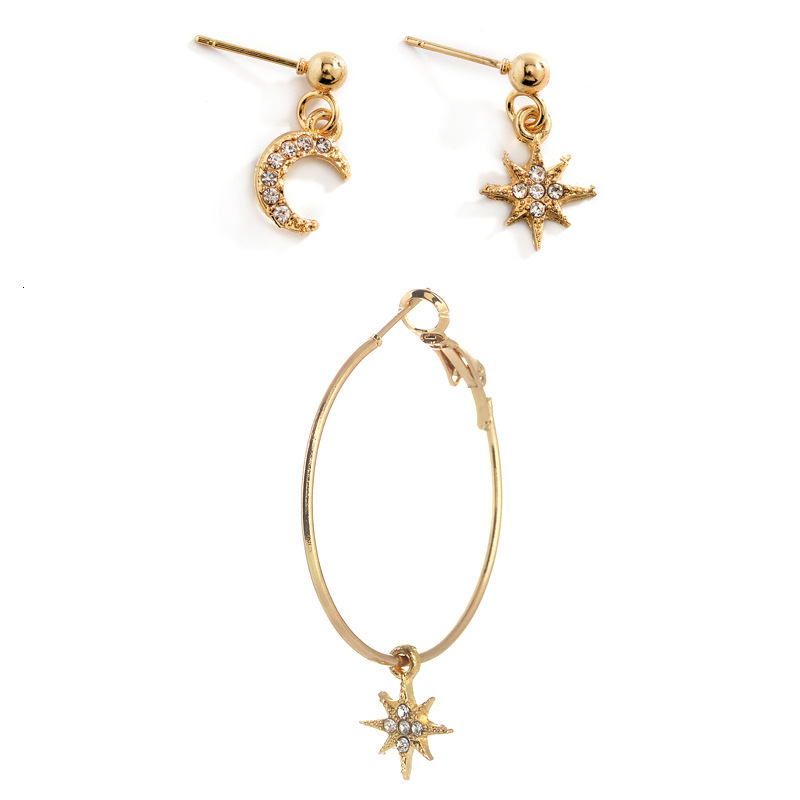 INS Asymmetric Two-Pair Fashion Star Moon Long Earrings Accessories