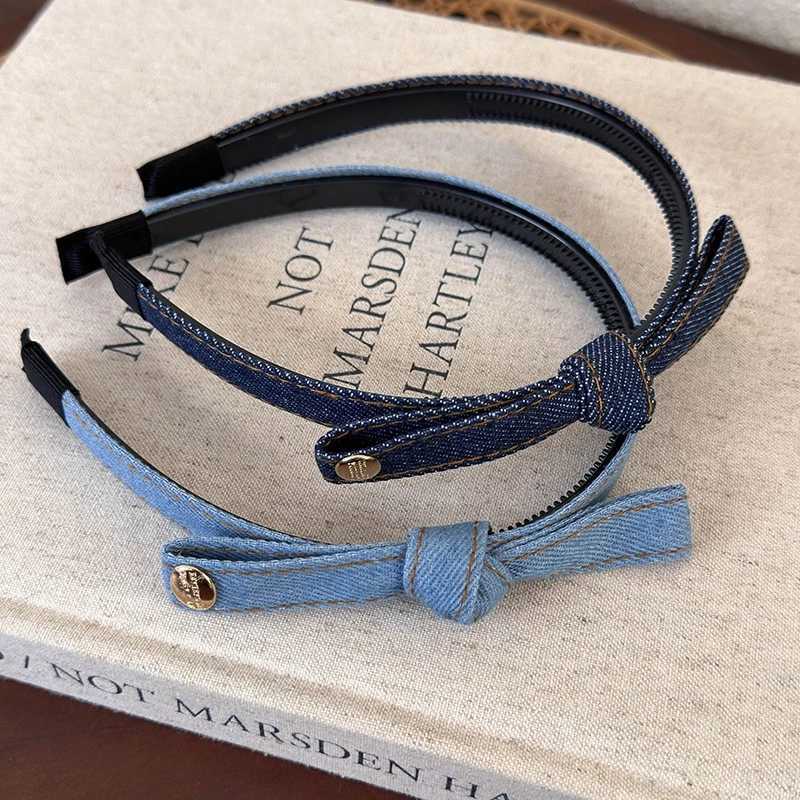Elegant Denim Blue Bow Hairband with Tooth Retro Band for Women Girls Hair Bands Hair Accessories X250812