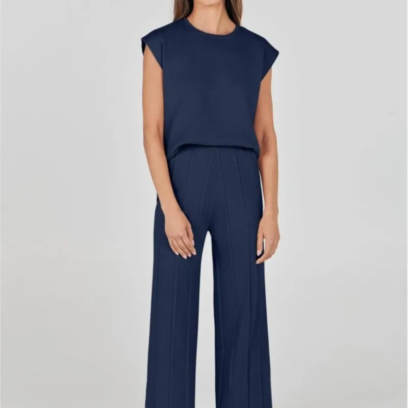 2 Piece Sets Women Outfit Sleeveless Casual T Shrit Top Knitted Vest Wide-leg Pants Ice Summer Solid Color Casual Outfit 250811
