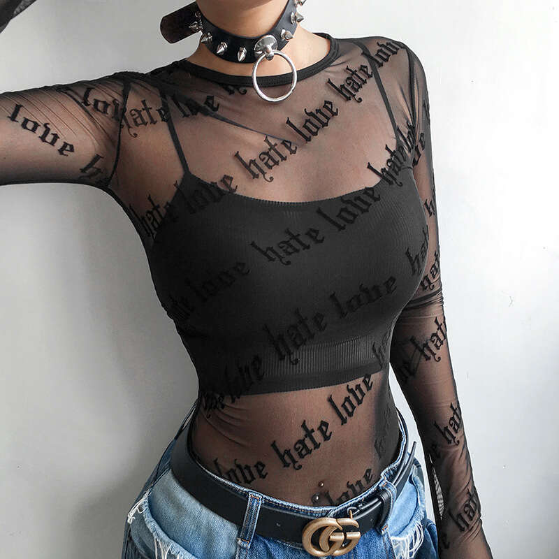 2025 Letter Personality Print Sheer Sexy Mesh Long Sleeve T-Shirt Top for Women