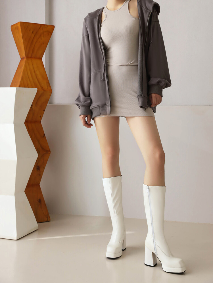 Sexy 9cm Chunky Heel Platform Jazz Dance Boots - PU High Knee Boots (Black/White/Red/Beige/Orange)