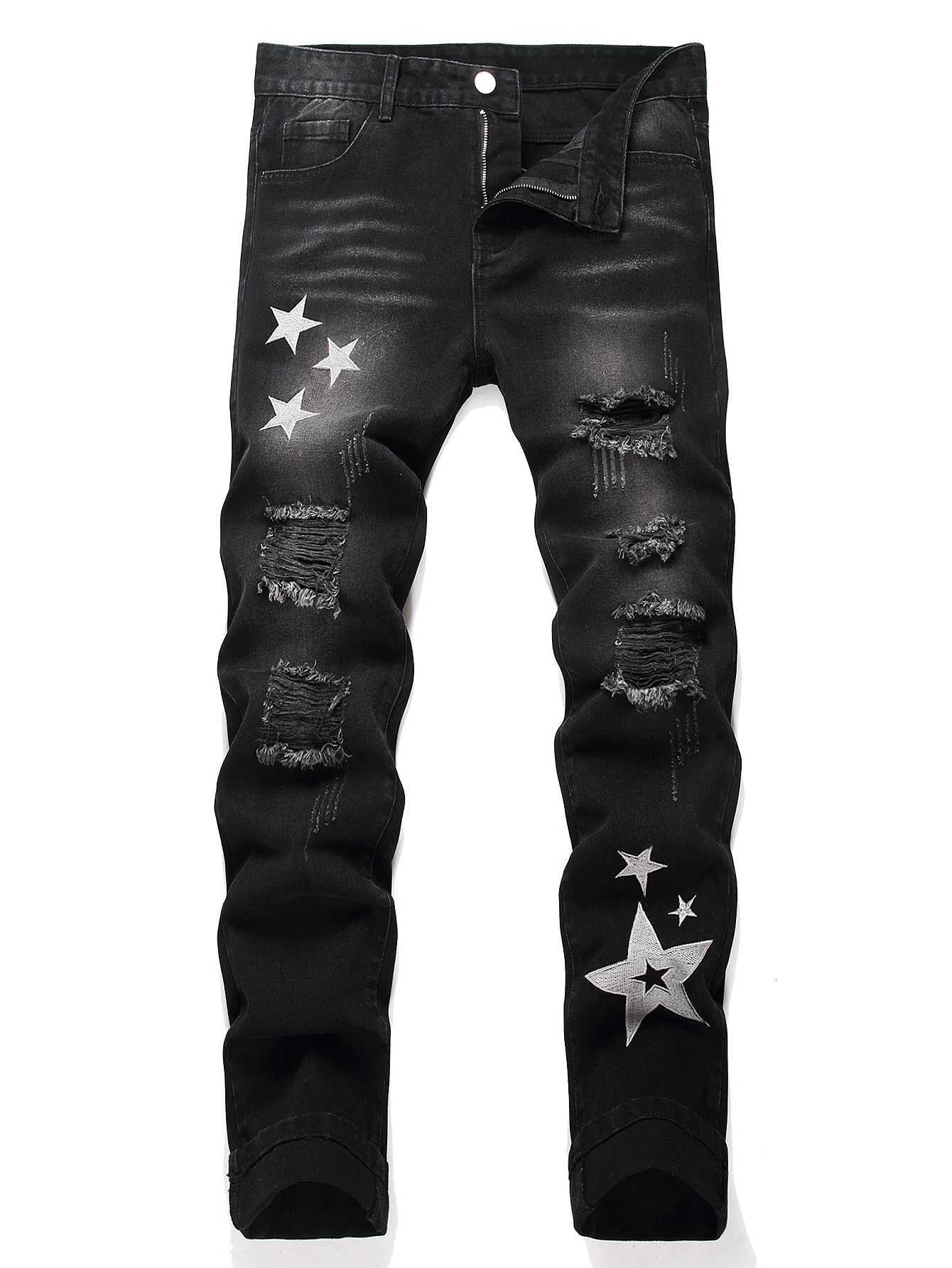 Black Y2K Jeans Mid Rise Straight Leg Man Pants with Silver Star Design Distressed Ripped Denim Clothing Hip Hop Male Streetwear X250812