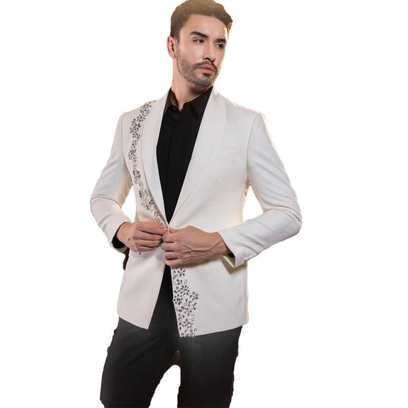 Luxury Crystal Men Suit Shawl Lapel 1 Piece Jacket Wedding Groom Tuxedos Party Business Customized