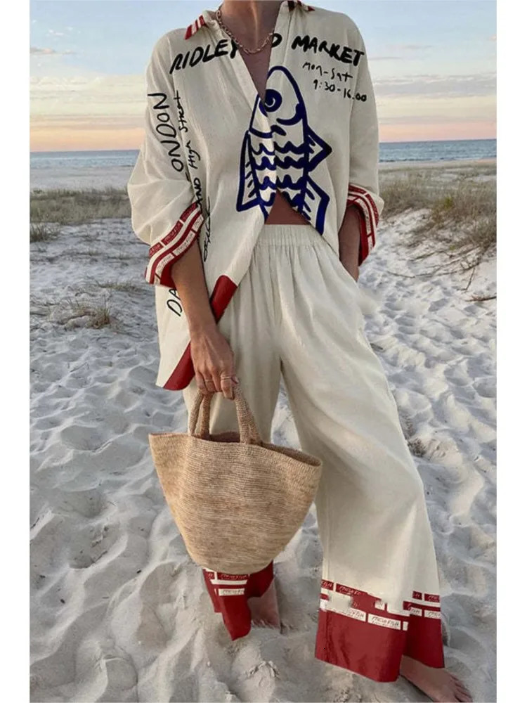 Fashion Lapel Long Sleeve Single-breasted Shirt Top Wide-leg Pants 2-piece Set Women Casual Marine Elements Print Suit Female 250811