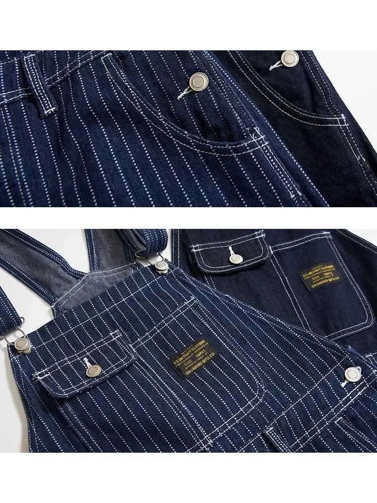 American Vintage Raw Blue Denim Jumpsuits for Men Vertical Striped Wide Leg Loose Straight Overalls Pants Jeans American Style Workwear X250812