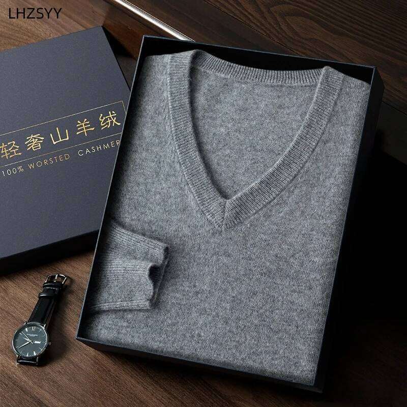 LHZSYY Autumn Winter 100%Pure Cashmere Sweater Men V-Neck Knit Pullover High-End Plus-Size Tops Youth Business Casual Warm Shirt 250812