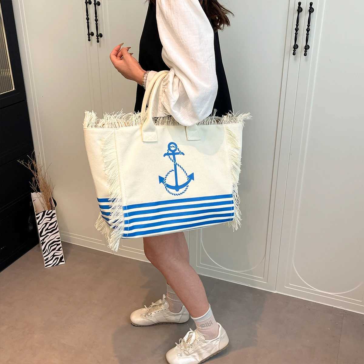 Womens Nautical Tote Bag Anchor Print Striped Design Fringe Trim Large Capacity Open Top Shoulder Bag Lightweight Polyester Z250812