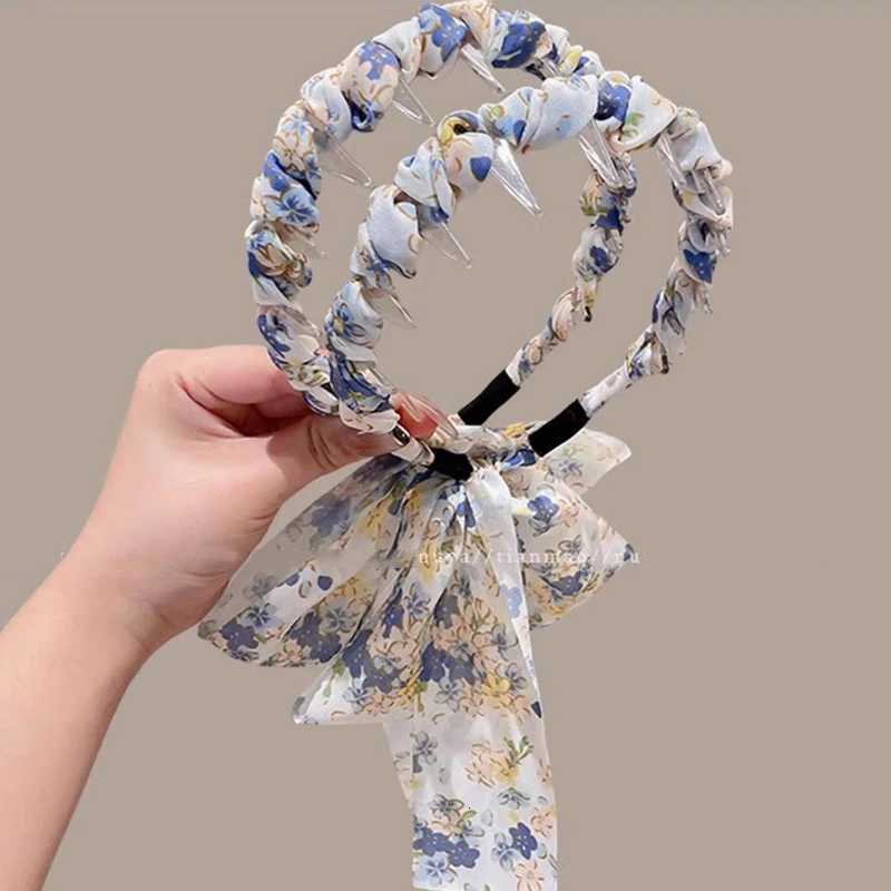 Elegant Print Flower Long Ribbon Teethed Hairband For Girls Sweet Hair Hoop Band Fashion Hair Accessories X250812