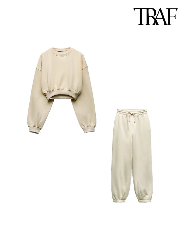 TRAF Womens Basic Solid Color Cotton Stretch Suit Casual Sweatshirt Lace-Up Pants Sweatsuit Urban Fashion Womens Sweatsuit 250805