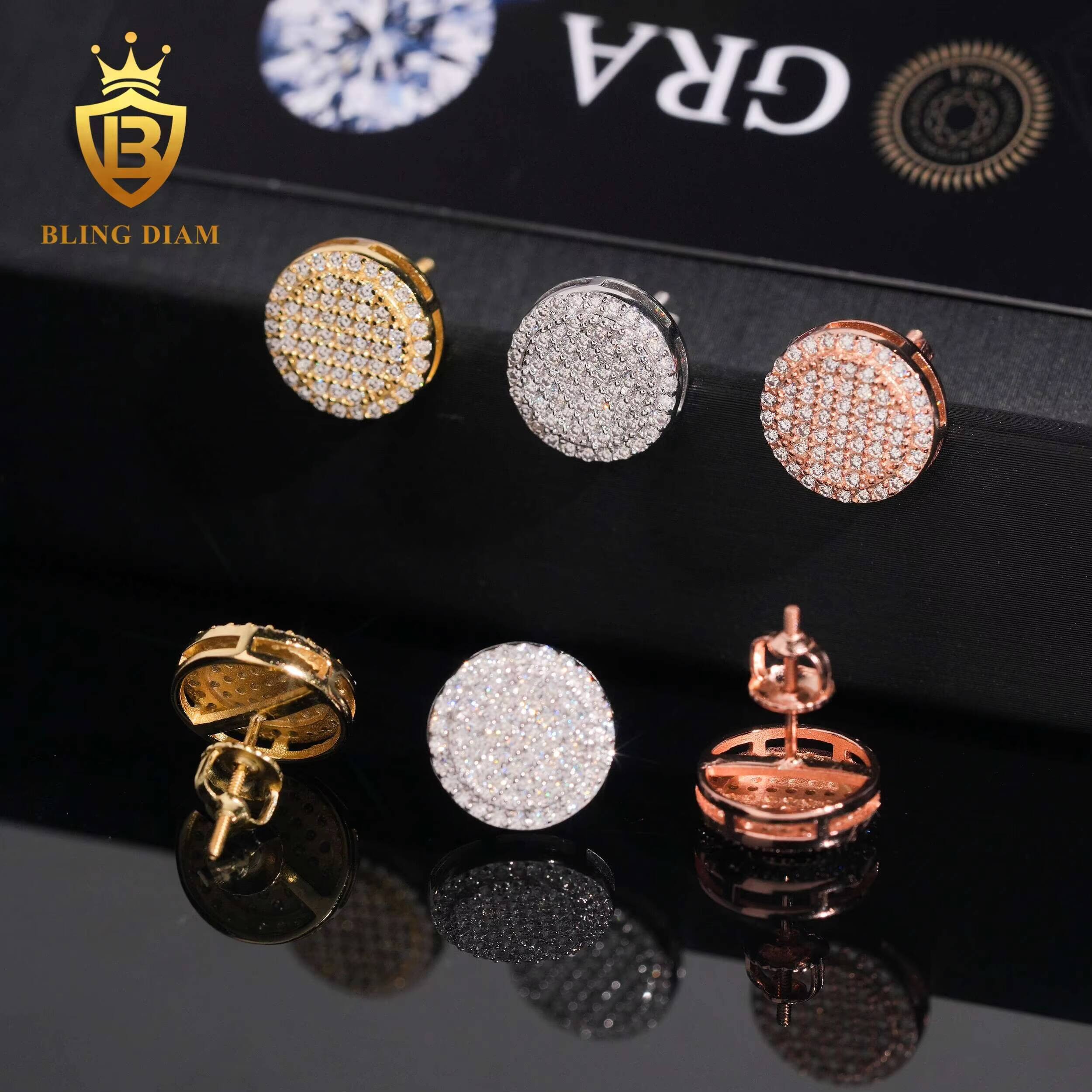 RTS Blingdiam Jewelry Wholesale 925 Sterling Silver Gold Plated Vvs Moissanite Diamond Earrings Stud for Trendy Men Women