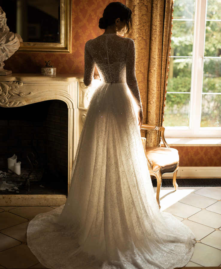 Elegant A Line Wedding Dresses High Coller Full Pearl Backless Party Gowns Vestido De Noiva Court Train Customized