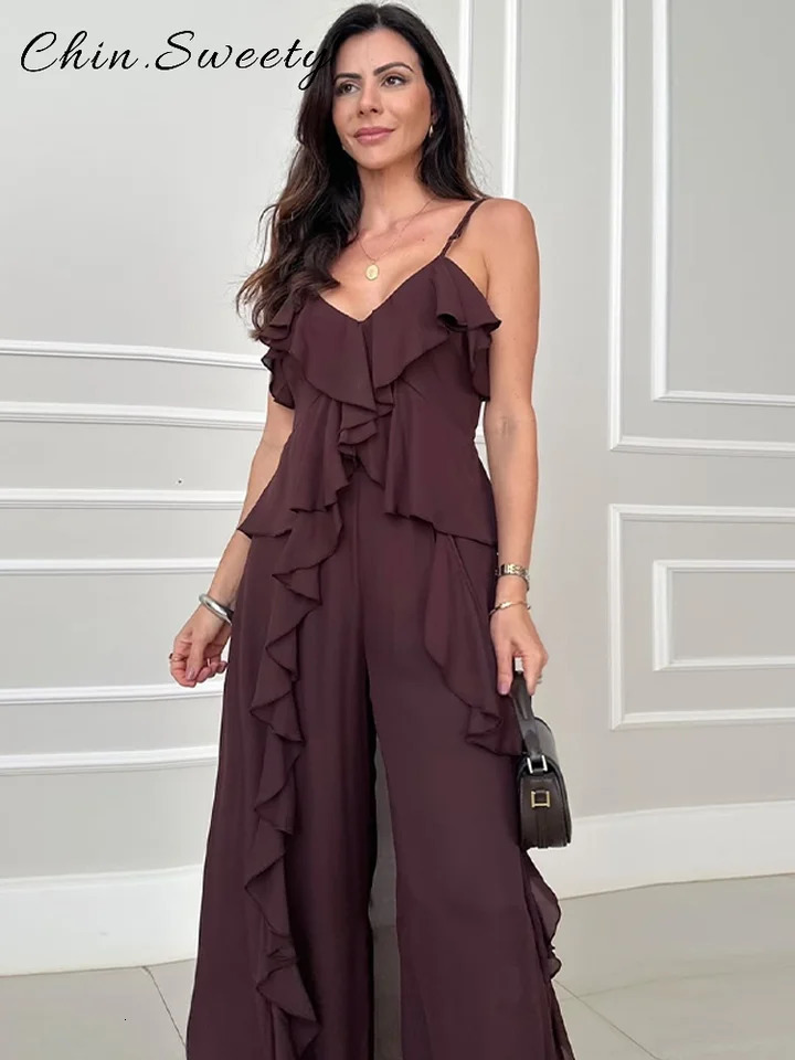 Elegant Ruffles 2 Piece Sets Woman V-neck Sleeveless Sling Top High Waist Wide Leg Pants 2025 Summer Lady High Street Outfit 250811