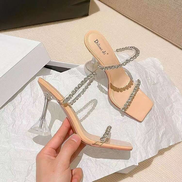 Summer 2025 New Style Rhinestone One-Strap Designer shoe Sandals Women, Thin Transparent Stunning Silver High Heel Slippers Designer for Women ,
