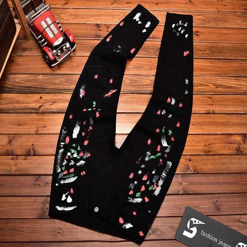 High-end Street Fashion Trendy Brand Mens Slim Fit Ink-splashed Printed Zipper Black Motorcycle Jeans X250812