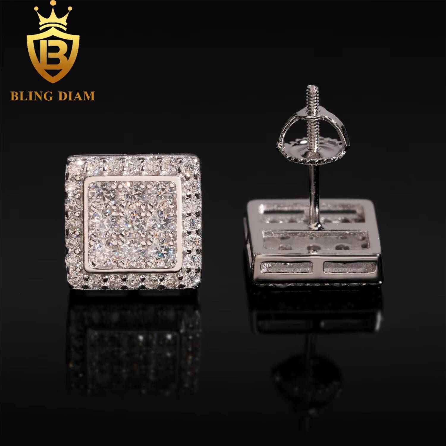 Hip Hop Jewelry Wholesale 925 Silver Rose Gold Plated Vvs Moissanite Diamond Square Earrings Stud Cluster for Man Women