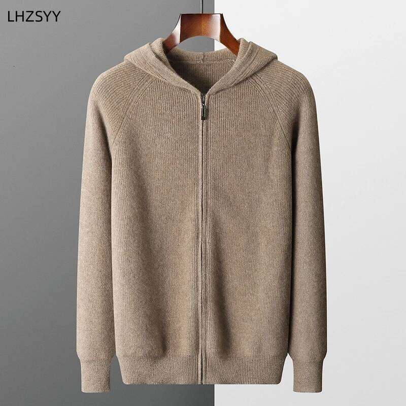 100%Pure Wool Zipper Cardigan Men's Hooded Collar Large Size Knit Coat Fashion Loose Thicken Jacket Autumn Youth Cashmere Hoodie 250812