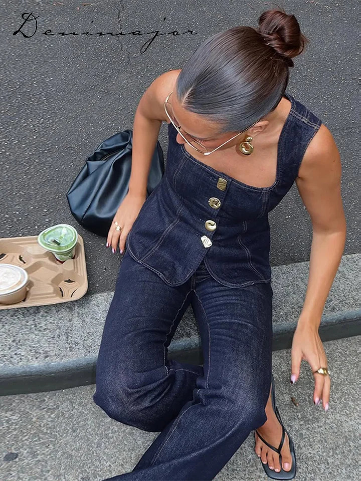 Street Denim Pants Set Women Sleeveless Single Breasted Slim Square Collar Tank High Waist Straight Jeans Summer Lady Suit 250806