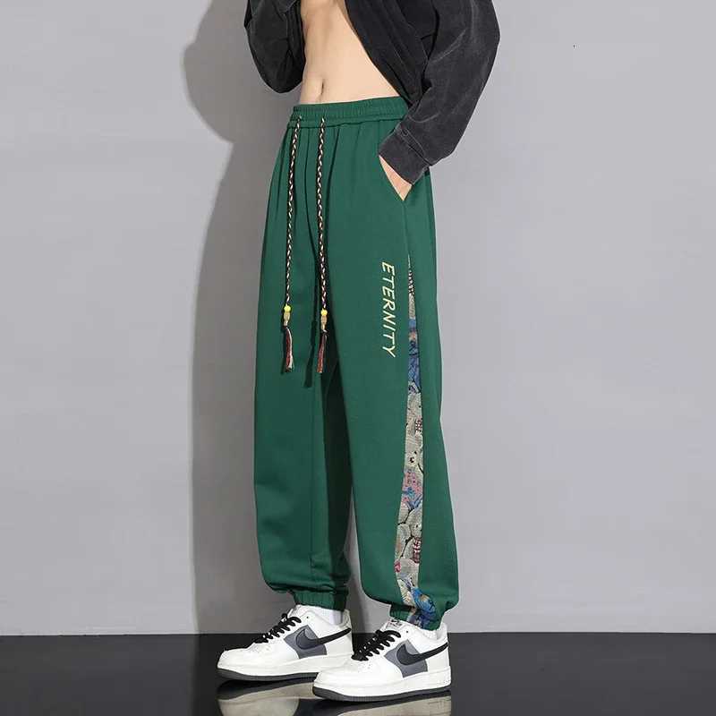 Dark Green Mens Green Splicing Trousers Fashion Drawstring Casual Pants White Black Gray Can Be Selected Pant Asian Size W250812