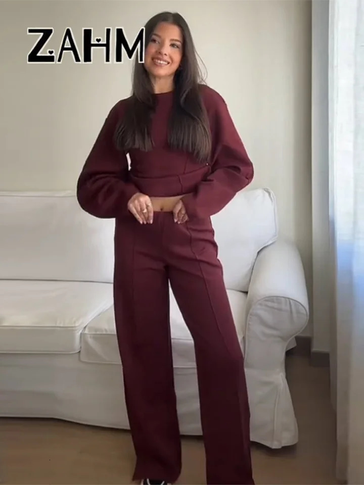 Casual Burgundy Pullover Pants Sets Women Slim O-neck Puff Sleeve Top Wide Leg Trousers 2025 Autumn Lady 2 Pieces Sets 250811