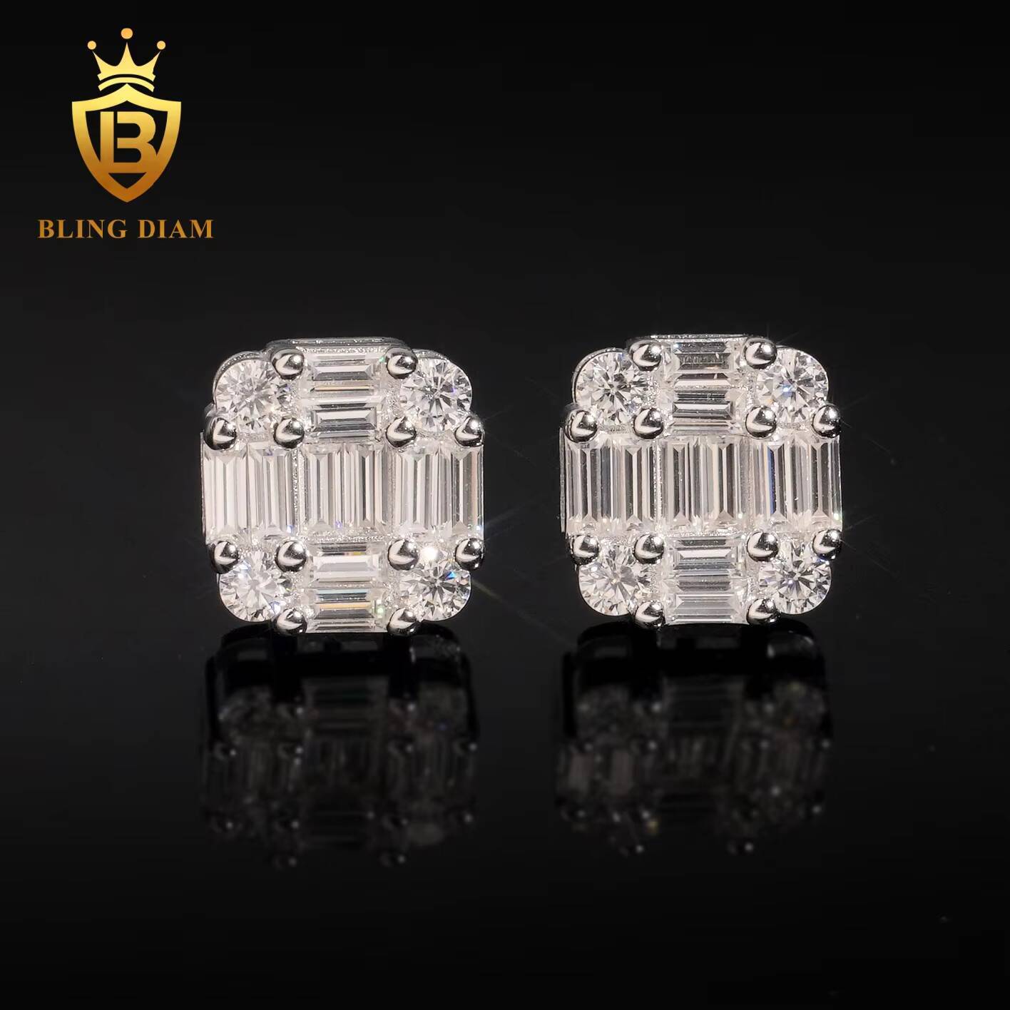 Factory Direct Hip Hop Style Iced Out Jewelry 925 Sterling Silver Baguette Moissanite Earrings for Men